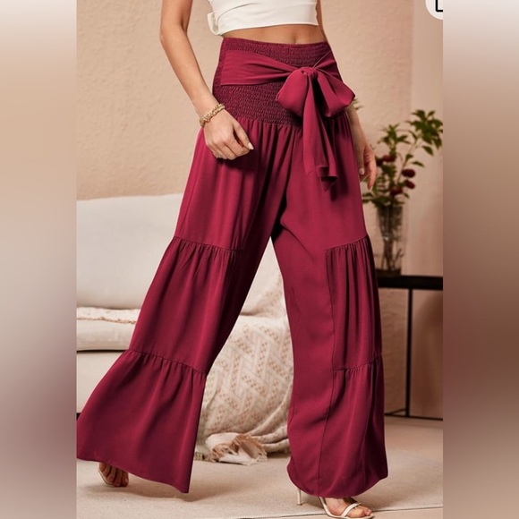 Women's Shirred Elastic Waist Tie Front Ruffle Hem Wide Leg Pants - Picture 3 of 10